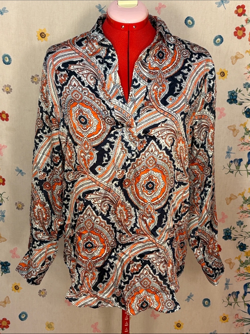 Michael Kors - Orange & Navy Paisley Long Sleeve Blouse